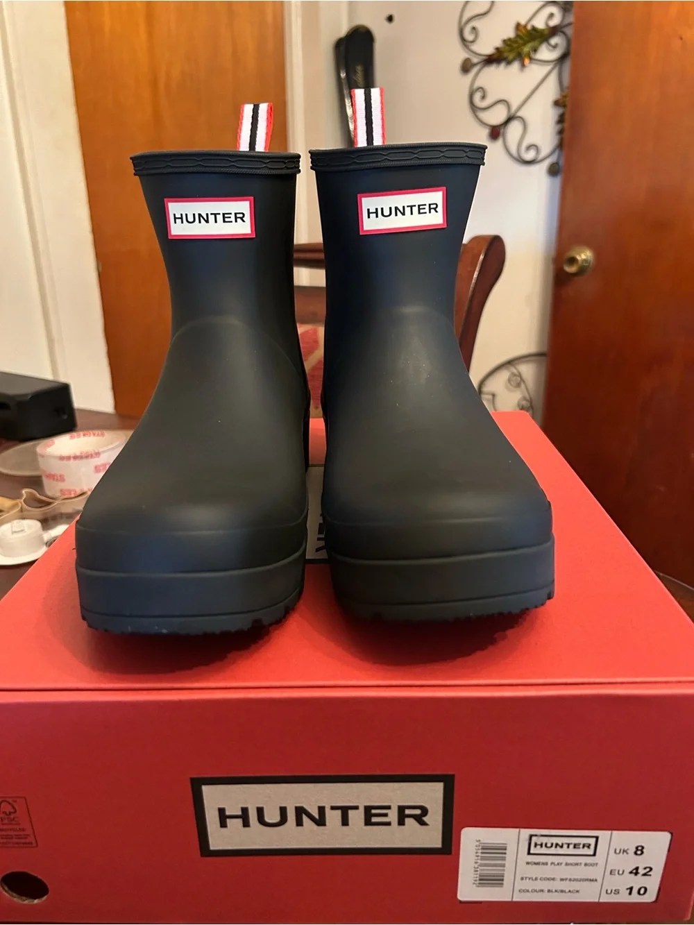 Hunter Black Short Rain Boots with Red-Trim Logo